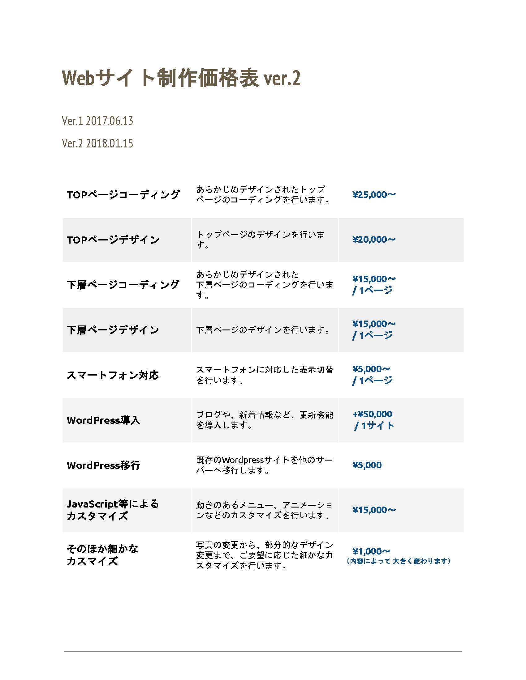 web制作価格表